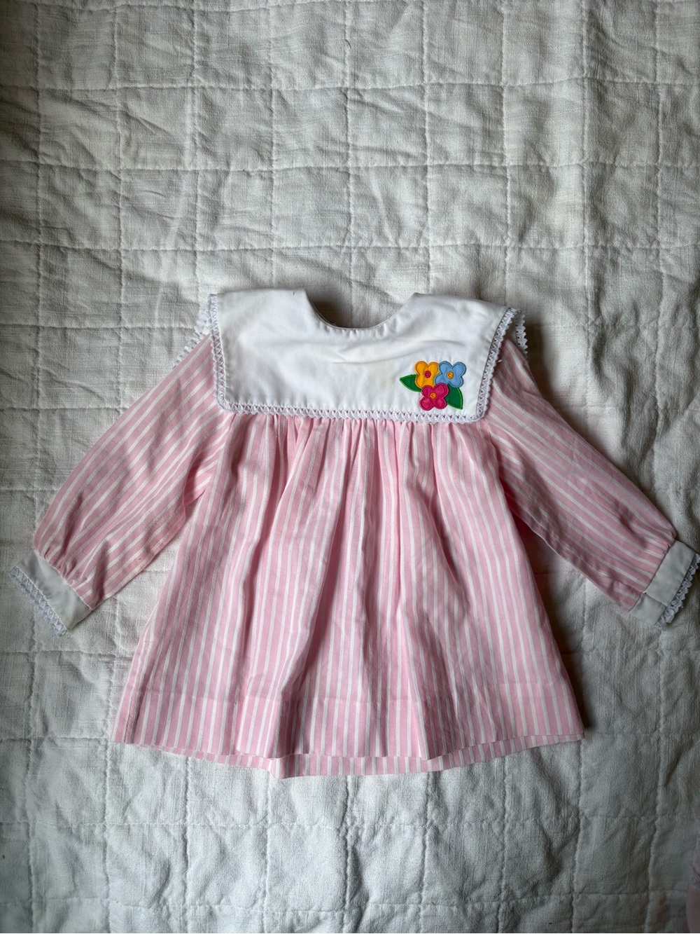 Vintage Youngland Pink Striped Baby Dress w White Bib Flower Embroidery 24 Month